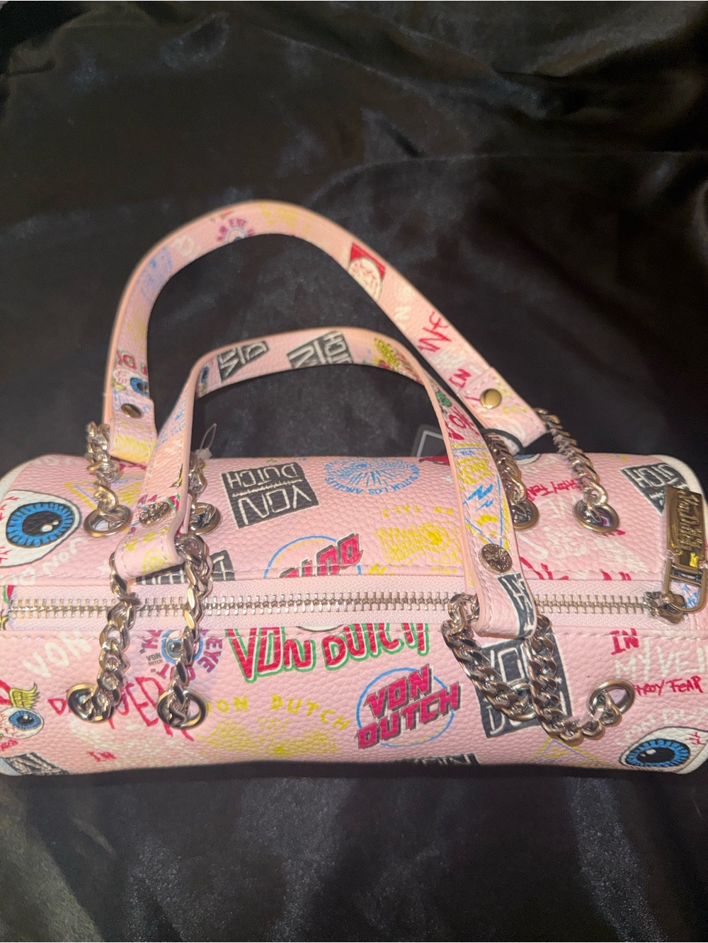 Von Dutch Pink Graphic Barrel Tote with Eye Motif - Picture 2 of 3